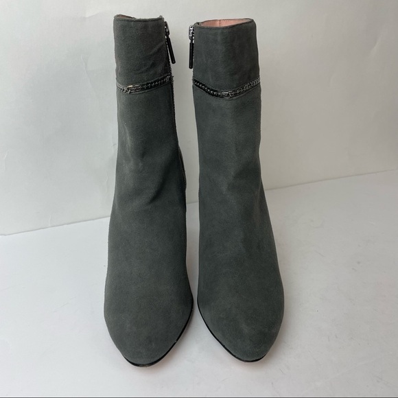 TARYN ROSE size 8.5 M Gray Suede Heeled Ankle Booties Boots Chain detail EUC - Picture 2 of 8
